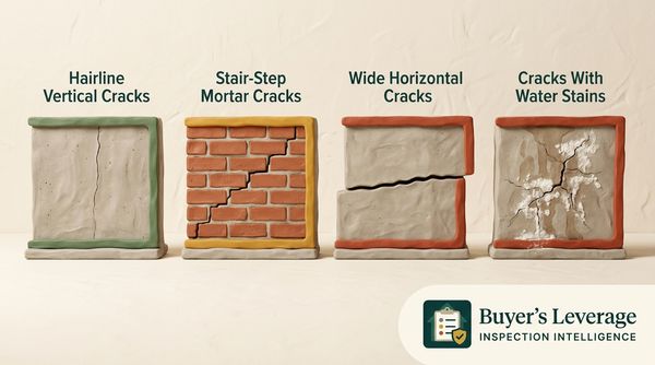 Severity scale showing foundation crack types from low-risk hairline shrinkage to high-risk wide horizontal cracks with offset