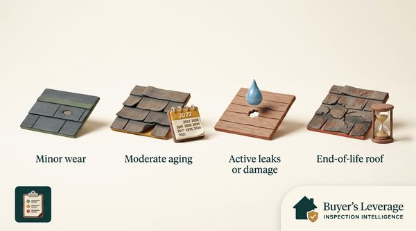 Severity scale showing five roof conditions from minor wear to end-of-life, with icons and repair urgency for each
