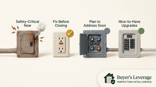 Severity scale showing electrical inspection findings from safety-critical issues like open splices down to cosmetic items like two-prong outlets