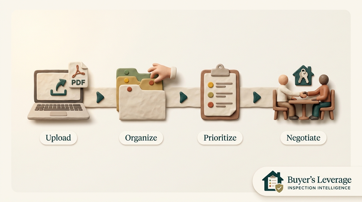 Claymation four-stage process ribbon: Upload, Organize, Prioritize, Negotiate.