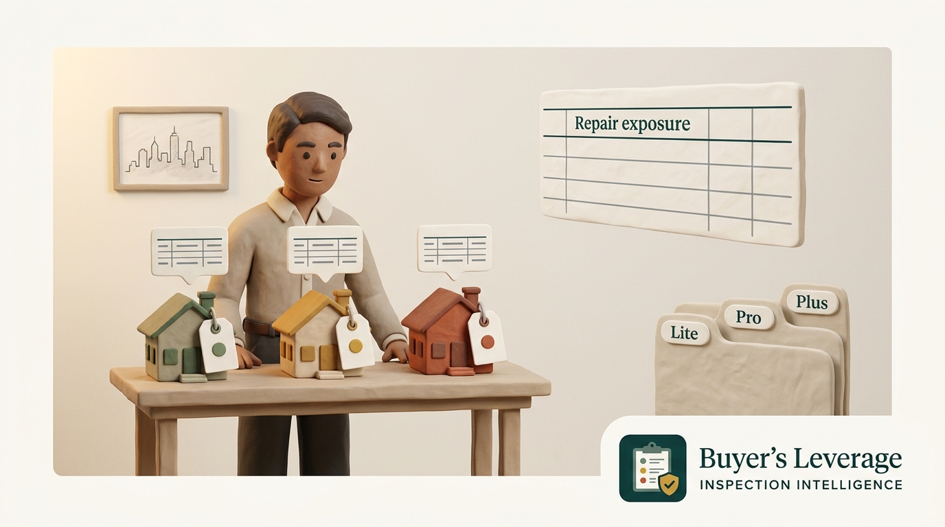 Claymation scene of a real-estate investor reviewing three clay house models with severity tags, a repair-exposure spreadsheet, and Lite, Pro, Plus folder tabs.