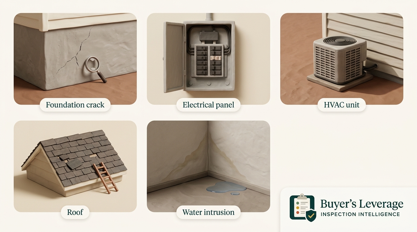 Claymation collage of common home inspection findings: foundation crack, electrical panel, HVAC unit, roof, and water intrusion.