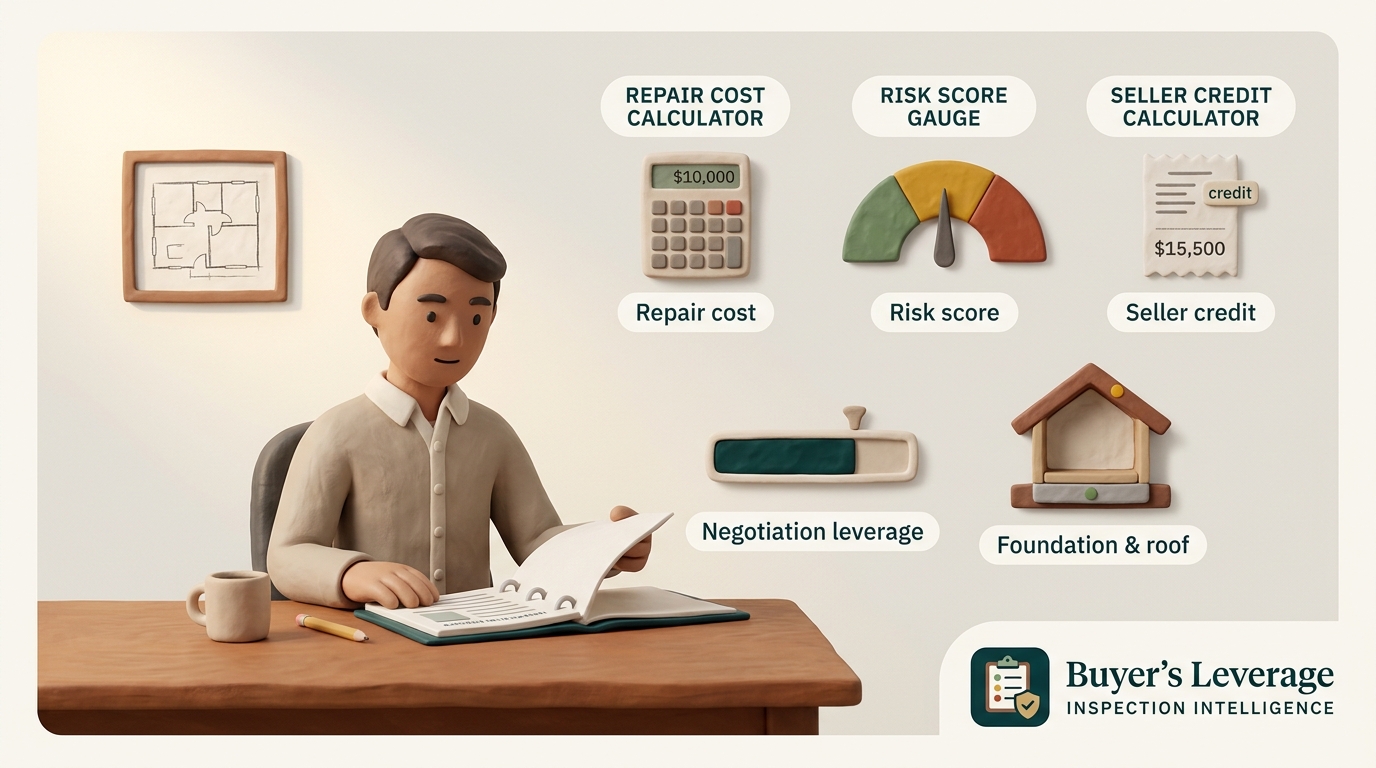 Claymation scene of a homeowner reviewing an inspection report with Buyer's Leverage calculators — repair cost, risk score, seller credit, negotiation leverage, and foundation & roof indicators — analyzing the property.